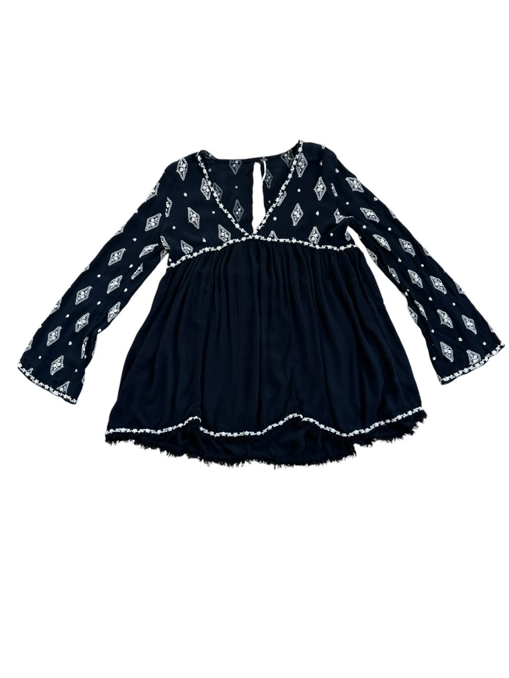 Free People Black Diamond Floral Embroidered Crinkle Tunic Top